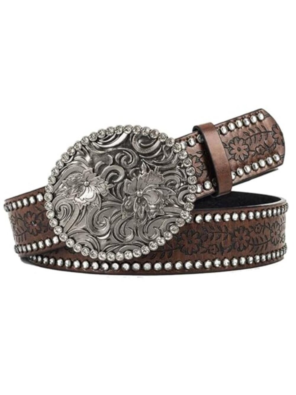 Western Vegan Leather Belt Rhinestone Turquoise Oval Buckle Cowgirl